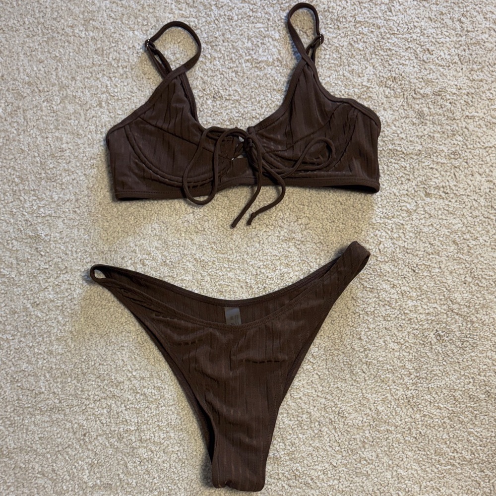 Zaful Brown Ribbed Bikini Top & High-Cut Bottom Set